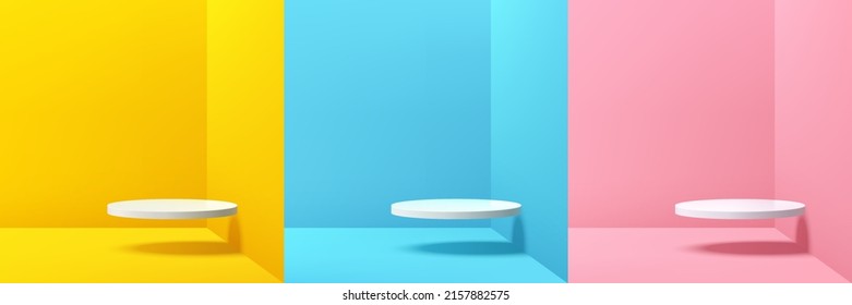 Conjunto de podio peatonal de cilindros blancos 3d realistas en salas abstractas coloridas en esquina. Escena mínima en tonos amarillo, azul y rosa pastel. Formas geométricas de representación vectorial. Escenario para la muestra, Pantalla de producto.