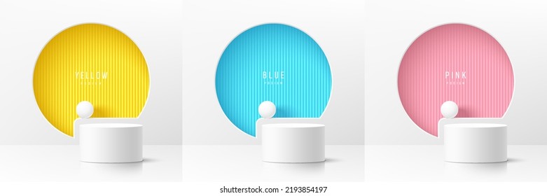 Set of realistic 3d white cylinder pedestal podium with pastel yellow, blue, pink in round circles window background. Abstract vector rendering geometric form. Mockup product display. Minimal scene.