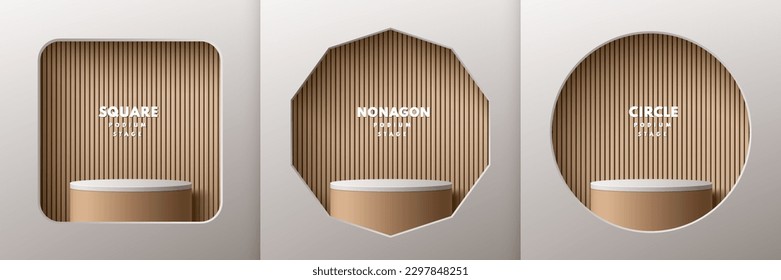 Set of realistic 3d white cylinder pedestal podium with wood pattern in square, nonagon and circle window on the wall. Abstract studio room. Minimal scene products stage showcase, Promotion display.