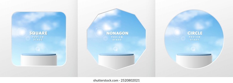 Conjunto de podio cilíndrico blanco 3d realista en cuadrado, nonagon y ventana circular y escena de cielo azul. Pedestal de maqueta minimalista, presentación Abstractas del producto, escaparate del escenario. Vector EPS10.