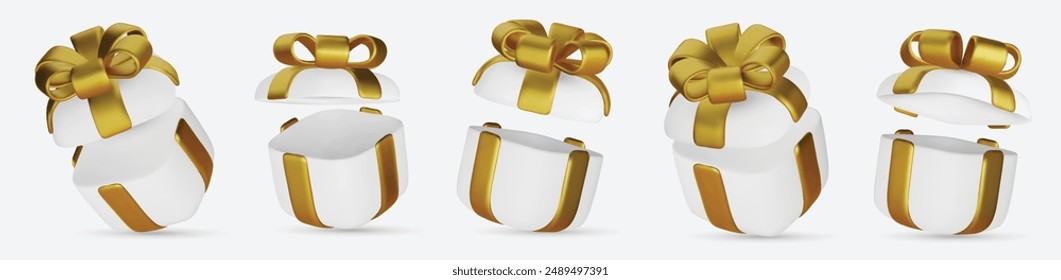 Set of Realistic 3d white gift box with golden ribbons isolated on a white background 3d render flying modern holiday surprise box. Festive decorative 3d render object Realistic vector decor