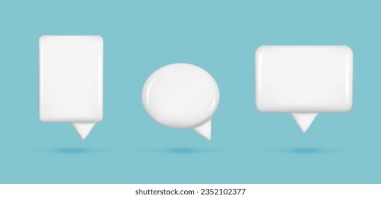 Set of realistic 3d white glossy speech bubble text, message box, chatting box. Cartoon 3d element, chat dialogue icon, empty speak bubble symbol. Abstract vector illustration on blue background