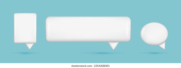 Conjunto de texto realista 3d blanco brillante de burbuja de voz, cuadro de mensaje, cuadro de conversación. Elemento de dibujo 3d, icono de diálogo de chat, símbolo de burbuja de charla vacía. Ilustración vector abstracta sobre fondo azul