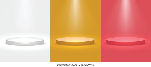 Set of realistic 3d white, gold, pink podium illustration. Platforms illuminated by spotlight. Abstract vector rendering geometric platform. Product display presentation. Minimal scene.