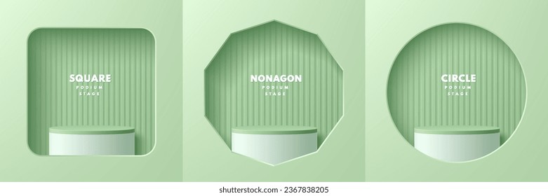 Set of realistic 3d white, green cylinder pedestal podium in square, nonagon and circle window on wall scene. Abstract studio room. Pastel minimal scene for products stage showcase, Promotion display.