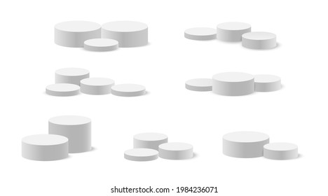 Set of realistic 3d white podium isolated on white background.Realistic round scene.Pedestal,platform,cylinder,stand stage.Vector.