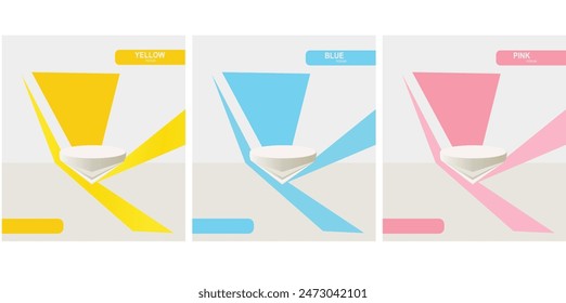 Set of realistic 3d white shelf or podium on pink, yellow and blue square tile wall with green leaf. Vector geometric forms. Abstract minimal scene for products stage showcase, Promotion display