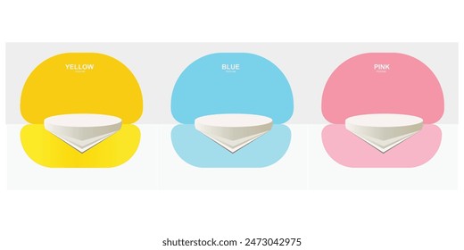 Set of realistic 3d white shelf or podium on pink, yellow and blue square tile wall with green leaf. Vector geometric forms. Abstract minimal scene for products stage showcase, Promotion display