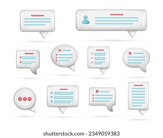 Conjunto de burbujas de voz 3d blancas realistas, botón de mensaje, caja de chat con notificación de voz de charla. Elemento 3d brillante, icono de diálogo, símbolo de burbuja. Ilustración del vector aislada en fondo blanco
