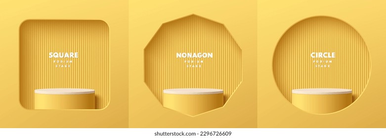 Set of realistic 3d white, yellow cylinder pedestal podium in square, nonagon and circle window on the wall. Abstract studio room. Pastel minimal scene for products stage showcase, Promotion display.