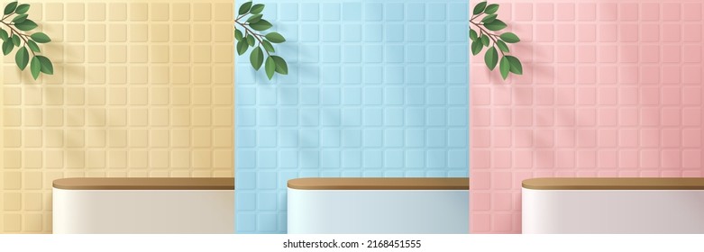 Set of realistic 3d wood desk or stand podium on pink, yellow and blue square tile wall with green leaf. Vector geometric forms. Abstract minimal scene for products stage showcase, Promotion display.