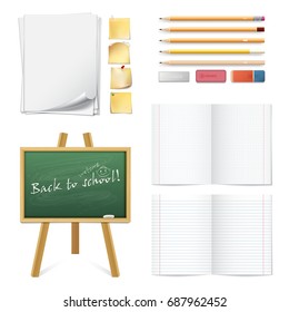 Set of realistic 3d wooden colored pencils, erasers, blank chalk green board and isolated on white background. Sells and strips notebook paper sheets.
For Back to School banners. Vector