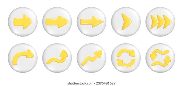 Set of realistic 3d yellow arrows on round button. Different glossy shape of pointer 3d direction icon, left, right, straight, up, down, round sign. Vector illustration isolated on white background
