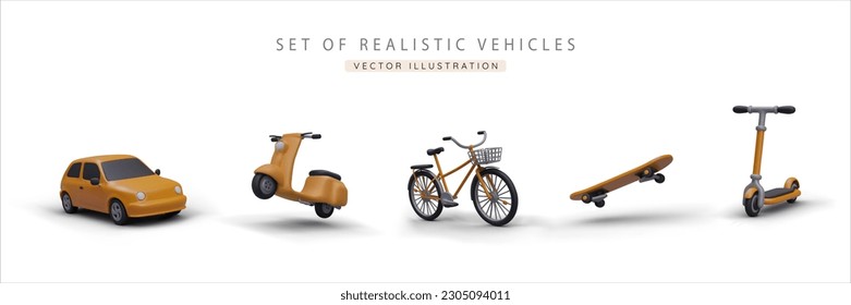 Set of realistic 3d yellow car, scooter, bicycle, skateboard and kick scooter. Advertising poster for selling different vehicles company. Vector illustration in cartoon style