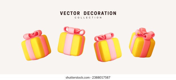 Set of realistic 3d yellow gifts box. Holiday decoration presents. Festive gift surprise. Decor Isolated boxes. Vector illustration