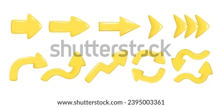 Set of realistic 3d yellow glossy arrows. Different shape of pointer 3d direction icon. Collection of left, right, straight, up, down, round sign. Vector illustration isolated on white background