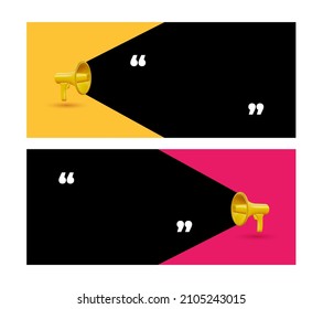 Set of realistic 3d yellow megaphone sign with quote text frame modern design. Vector dialog megaphone bubble on yellow and pink background. Symbols Speaker, Social media, Advertising and promotion.