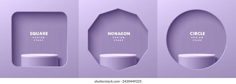 Set of realistic 3dpurple, white cylinder stand podium in square, nonagon and circle window wall scene. Abstract studio room. Pastel minimal scene for products stage showcase, Mockup promotion display
