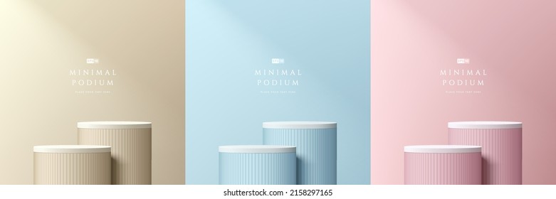 Set of realistic abstract 3d room with steps cylinder stand podium in beige, blue, pink and white color. Vector geometric forms design. Pastel minimal scene. Stage for showcase, Mockup product display