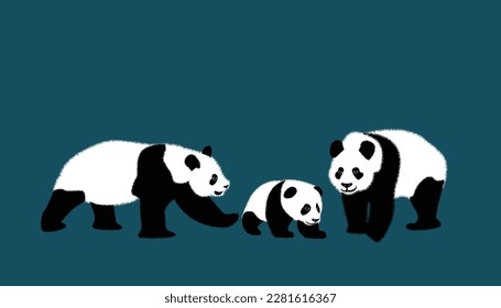 Set von realistischen erwachsenen Riesen-Pandas Bären und ihre Naben. Tiere aus China. Panda Illustrationen Set. Vektorgrafik