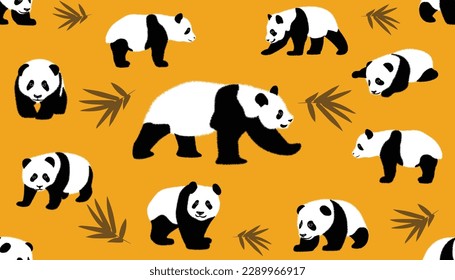 Set of realistic adult giant pandas bears and their cubs. Animals of China. panda illustrations set. Vector seamless pattern with hand drawn pandas. Cute characters, perfect for prints and patterns.