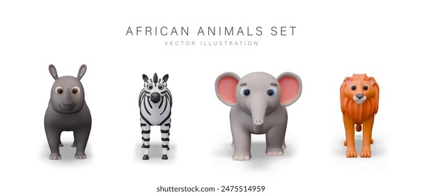 Set von realistischen afrikanischen Tieren, Frontansicht. Nashorn, Zebra, Elefant, Löwe