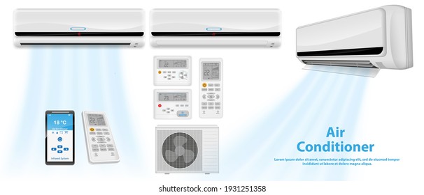 set of realistic air conditioner or split air conditioner system with remote or temperature air conditioner for office or air conditioner with mobile application control. eps 10 vector