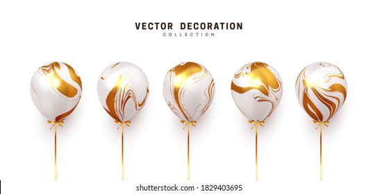 Set of realistic air helium balloons with ribbon. White with gold gradient collection of festive ballons. Decorative 3d objects. Decoration celebreation design elements. vector illustration