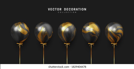 Set of realistic air helium balloons with ribbon. White with gold gradient collection of festive ballons. Decorative 3d objects. Decoration celebreation design elements. vector illustration