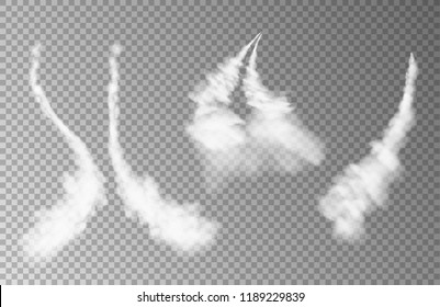 Set Realistic Airplane condensation trails. Jet or Plane track. Foggy trail in the sky from the rocket isolated on transparent background