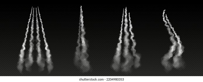 Set of realistic airplane contrails png on transparent background. Vapor tracks left in sky after aircraft, jet, space rocket launch, missile, bullet. White smoke clouds on dark. Vector illustration