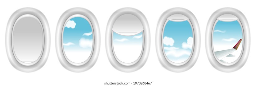 set of realistic airplane window or tourist traveler journey or mock up airplane cabin with curtains different positions window. eps vector