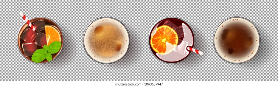 Set of realistic alcoholic drinks. Glasses of cocktails and beer isolated on transparent background. Vector illustration with fresh summer drinks.