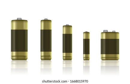 set of realistic alkaline batteries. Battery type. Size - AA, AAA, PP3 batteries, etc. - stock vector.