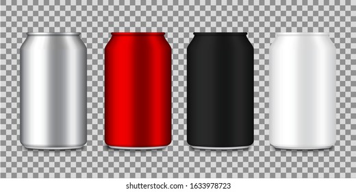 Set of realistic aluminium cans for soda, beer, juice, cola. Metal or steel packaging for beverage. Color bottles. Silver, red, container for drinks. Blank aluminum canisters. vector illustration