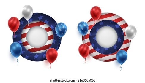 Set of realistic American colors balloons, ribbons, serpentine, confetti and paper cut circles with USA blue stars. Vector illustration for card, party, design, flyer, banner, web, advertising. 