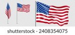 Set of realistic american flags. US flags isolated on checkered background. Templates of flags for decoration USA events. Symbols of United States of America. Vector illustration.