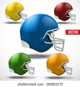 Set of Realistic American football helmet. Side view. Vector sport illustration. Equipment for protection of player. Isolated on background.