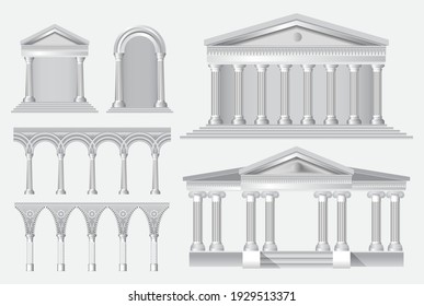 set of realistic antique columns or realistic antique temples and white antique columns with ribbing concept. eps 10 vector