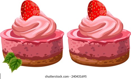 The set of realistic appetizing delicious pink cupcakes with whipped cream and red strawberries