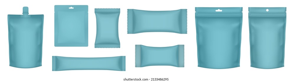 Set of realistic aquamarine green pouch mockups. Flow pack, sugar stick, sachet, zip bag and doypack. Chocolate bar wrapper. Sheet mask sachet