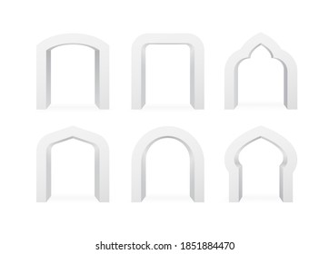 Set of realistic arches of different shapes, arc template 3d elements on white background isolated. Archways for interior, typography or advertising. Vector illustration