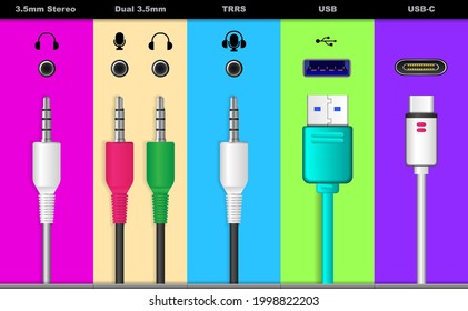 set of realistic audio connectors isolated or various audio jack plug for sound system or usb universal audio connector symbols concept. eps vector