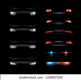 Набор реалистичных автомобильных авто автомобиль светодиодный светящийся интеллектуальный лазерный матрица ксеноновые фары передние задние фары бары вектор реалистичная иллюстрация изолированы на темном черном фоне