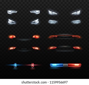 Set of realistic automotive auto car led glowing intellectual laser matrix xenon headlights front back rear lights bars vector realistic illustration isolated on dark black background