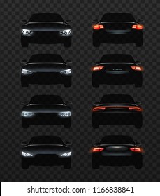 Set of realistic automotive auto car led glowing intellectual laser matrix xenon headlights front back rear lights bars vector realistic illustration isolated on dark black background