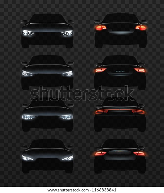 Set of realistic automotive auto car led\
glowing intellectual laser matrix xenon headlights front back rear\
lights bars vector realistic illustration isolated on dark black\
background