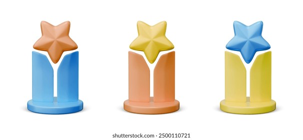 Conjunto de premios realistas en diferentes colores. Premio en stand con estrella