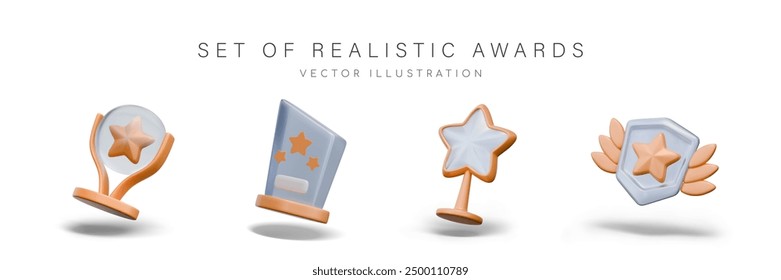 Set of realistic awards in tilted position. Trophy elements on stand