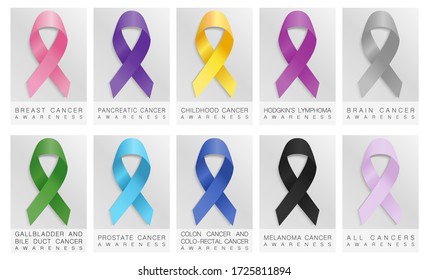 Set of realistic awareness ribbons different color. Cancer Ribbon.